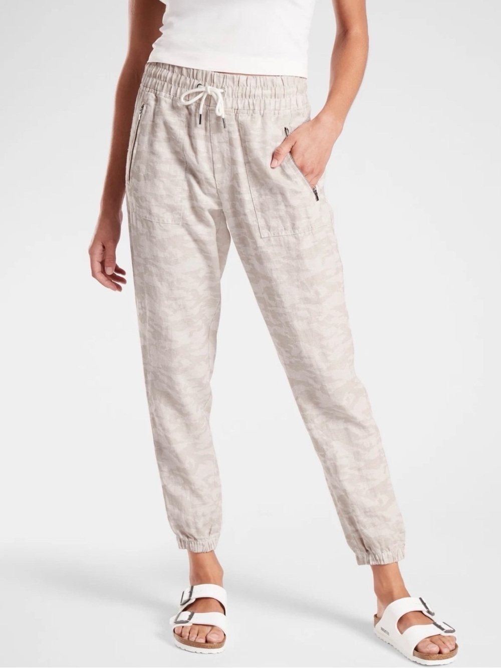 Athleta Camo Cabo Linen Jogger Athleisure Travel Lifestyle Pant Size 10